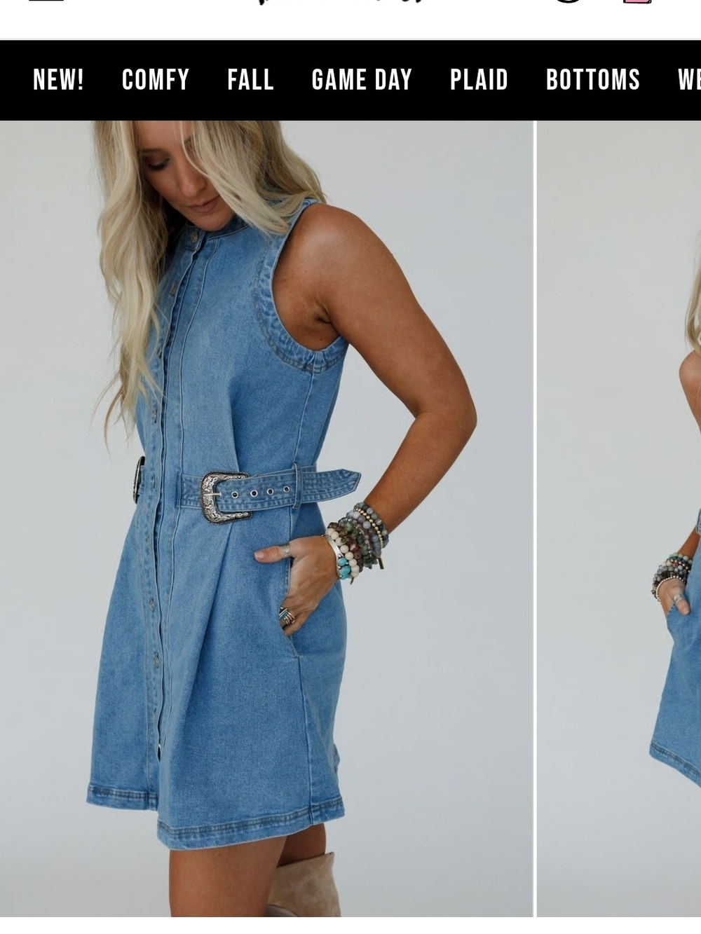 Three Bird Nest Denim Sleeveless Button-Front Dress with Buckled Belt